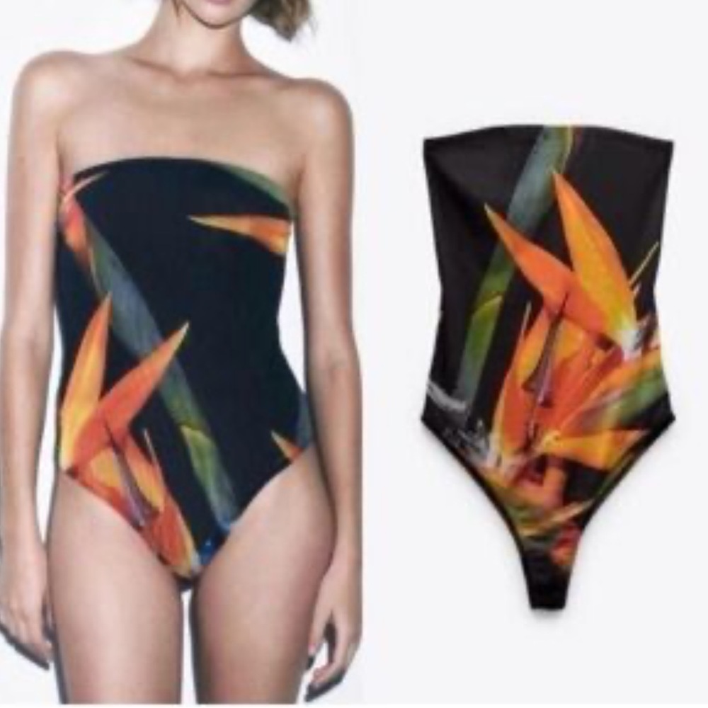Zara Mesh Tropical Strapless bodysuit
